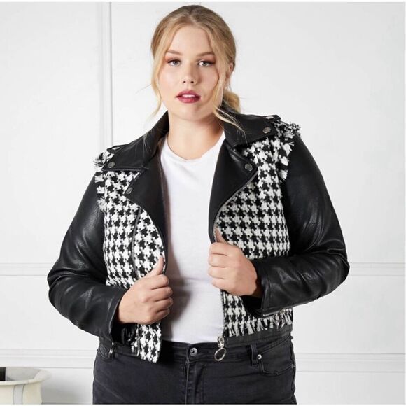 NWT/NIB Soncy Houndstooth Frayed Faux Leather Moto Jacket 12 - Picture 1 of 4